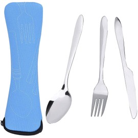 Prettyui Besteck-Set aus Edelstahl mit Organizer-Tasche, Reise-Camping-Besteck, Geschirr-Set mit Aufbewahrungsbox, Lunchbox für Picknick, Schule, Messer, Gabel, Löffel, Set, blauer Koffer (3 Stück)
