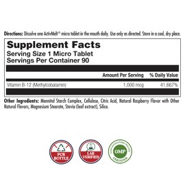 KAL Vitamin B12 Methylcobalamin 1000mcg, Healthy Energy, Metabolism, Nerve & Red Blood Cell Support,* Fast Dissolve ActivMelt, Optimal Absorption, Natural Raspberry Flavor, 90 Servings, 90 Micro Tabs