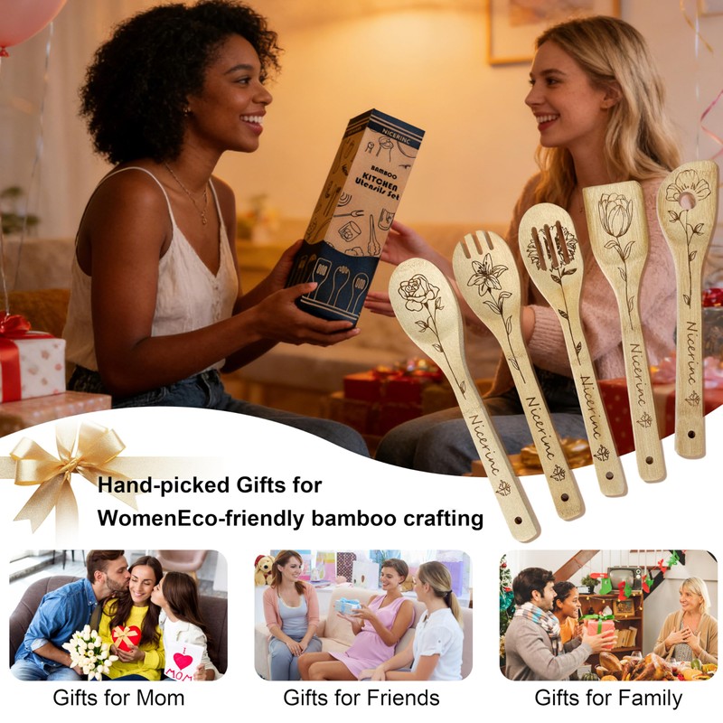 6PCS Bamboo Cooking Spoons,Lightweight & Durable Utensils Set include Unique