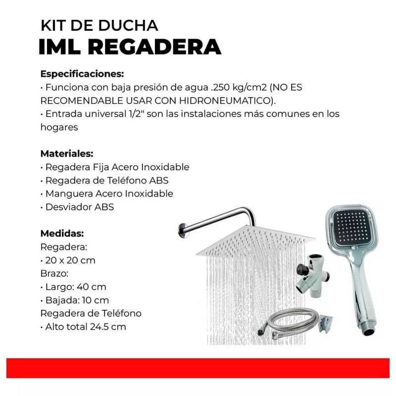 IML Regadera Cuadrada Tipo Lluvia + Regadera De Teléfono Cromada