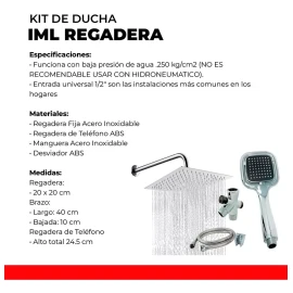 IML Regadera Cuadrada Tipo Lluvia + Regadera De Teléfono Cromada