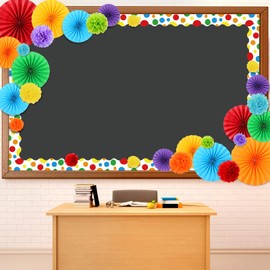 Supervitae 50 Pcs Colorful Dots Bulletin Board Borders Decorations 3D Flowers Classroom Bulletin Board Decor with Paper Fans Tissue Paper Flowers for School Classroom Blackboard Home Wall Decorations