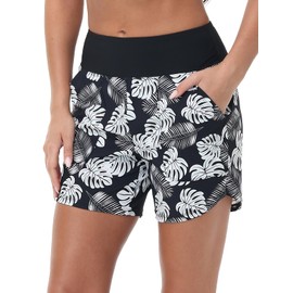 Baleaf - Pantalones cortos de natación de cintura alta para mujer, de secado rápido, con bolsillos, Blanco (White Leaf), X-Small