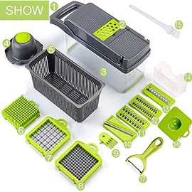 Picadora de Verduras,Picadora de Verduras Multifuncional,Cortador de Dados,Cortador de Verduras con 6 Cuchillas de Acero Inoxidable,Mandoline 16 en 1 (B)