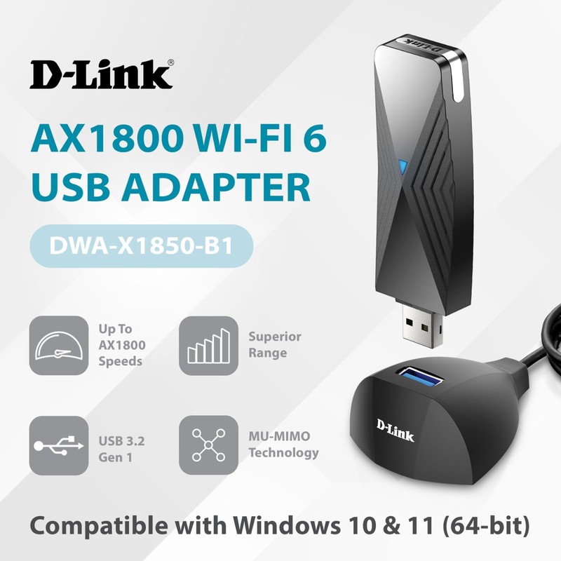 D-Link USB WiFi 6 Adapter AX1800 USB 3.0 Dual Band