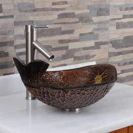 ELITE Atlantic Whale Pattern Tempered Glass Bathroom Vessel Sink & Brushed Nickel Single Lever Faucet