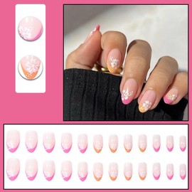 French Tip Press on Nails Almond Fake Nails Medium False Nails with White Flower Design Glue on Nails Cute Acrylic Nails Full Cover Stick on Nails for Women Spring Manicure 24Pcs