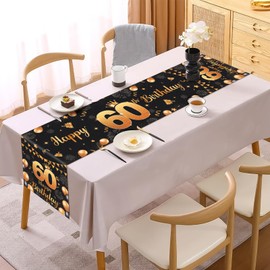 Lemicin 60th Birthday Table Runner - 14 x 84 Inch Birthday Table Decorations for Girls Boys Black Gold Happy Birthday Table Runner for Birthday Party Dinner Decor