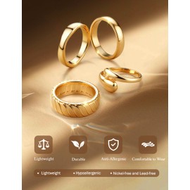 Chunky Gold Rings for Women Non Tarnish - 4Pcs 14K Thick Gold Plated Statement Rings Set Fashion Stackable Gold Ring Trendy Waterproof Chunky Dome Ring Size 6