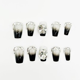 i-Laesh Handmade Nails Luxury Press On Nails - Coffin Fake Nails Black Style for Elegant Gradient Nails Looks - 10 Pcs Set (Medium, kiarelys)