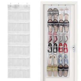 KUAOOAUK 24 Pockets Over the Door Shoe Organizer, Large Hanging Shoe Rack for Door, Mesh Shoe Pocket for Closet with 3 Metal Hooks, Shoe Organizer Holder for Sneakers Men Women Bedroom (White)