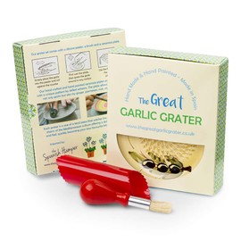 Garlic Grater Plate Set with Brush and Peeler, (#Ref 24). Cream Plate with Black Rim and Olive Pattern. Handmade and Hand Painted in Cordoba, Spain.