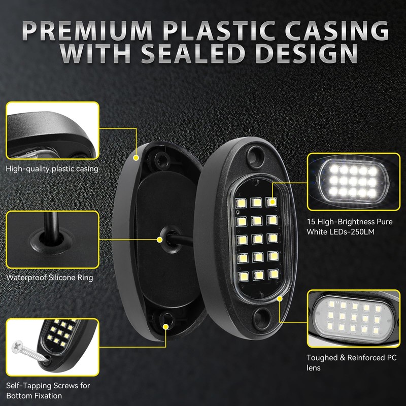 6 Pods White LED Rock Lights with Switch Extension Harness,