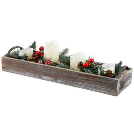 MyGift 16 Inch Rustic Torched Solid Wood Butler Tray with Decorative Antique Metal Handles, Holiday Dining Table Centerpiece, Christmas Dinner Home Decor