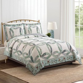 MODERN HEIRLOOM Felicity Wedding Ring 3-Piece Quilt Set - Lightweight Coverlet Set, Floral Vintage Quilted Bedding Set with 2 Shams, All Seasons, Full Queen Size, Blue