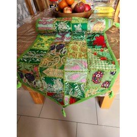 Estationeryhouse Indian Handmade Vintage Patchwork Table Runner Bohemian Triangle Ended Colorful Cotton Placemat for Dining Table and Decoration (Light Green)