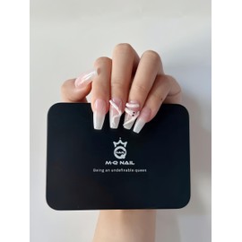 M·Q NAIL,Press on nails,Magic mirror powder square medium nails,Hand drawn,Includes 48 jelly glue and 2 cuticle sticks and 2 rubbing strips (Pink gradient with 3D snake, S)