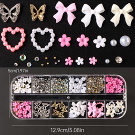 12Grids 3D Alloy Butterfly Nail Charms, Glitter Rhinestones Small Flower Steel Beads Pearl Bow DIY Mixed Nail Art with Pickup Pencil Tweezer for DIY Nail Art Supplies Crafts