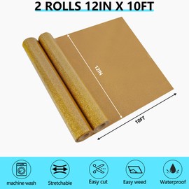 HTVVETUR Glitter Golden HTV Vinyl Heat Transfer Vinyl - 2 Rolls 12" x 10ft Glitter HTV for Shirts, Iron on Vinyl for Cameo - Easy to Cut & Weed for Heat Vinyl Design (Glitter Golden, 20ft)