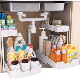 2-Tier Under Sink Organizers and Storage 2 Pack Sliding L-shape Under Cabinet Organizers For Narrow Space Multi-purpose Sink Organizer for Bathroom Kitchen Drawer(White 2 Pack)