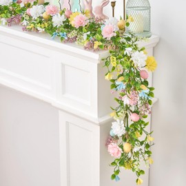 6 Ft Easter Garland, Easter Egg Garland for Mantle, Spring Summer Pastel Artificial Flower Garlands, Easter Decorations for Home Mantle Fireplace Indoor Decor