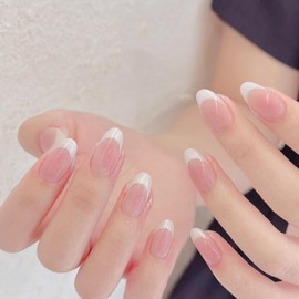 Pink False Nails French Tip Glossy Nude Color Press On Nails Medium Almond White Tip Fake Nail Acrylic Natural Full Cover Glue On Nails For Women