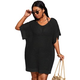 SOLY HUX Women's Plus Size Casual Summer Short Sleeve Cover Up Hollow Out Split Swimsuit Bikini Beach Dress Black Plain 1XL
