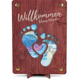 Baby Geschenk Mädchen - XL Geldgeschenk aus Holz inkl. Ständer | Baby Geburt Junge, Geburtskarte oder Geldgeschenk, Glückwunsch zum Baby, Glückwunschkarte zur Geburt eines Jungen