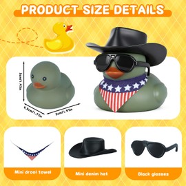 Jyeennar 1Pcs Military Green Cowboy Rubber Duck Ornament, Funny Car Decor for Adults with Hat, Sunglasses & Patriotic Scarf | Army Duck for Dashboard, Office & Western Cowboy Gifts