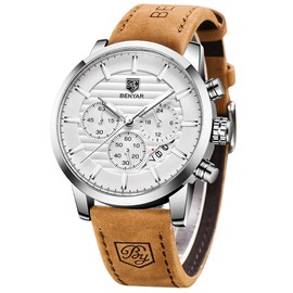BENYAR Quartz Chronograph Waterproof Watches Business and Sport Design Leather Band Strap Wrist Watch for Men (Brown Silver White)