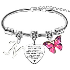 Always Remember You are Braver Inspirational Bracelets for Women Letter A-Z Initial Bracelet Butterly Charm Bracelet Motivational Butterlies Birthday Gifts for Family Friends (Letter N Bracelet)