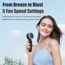 Hjikazoliu Mini Portable Fans with LED Display - 5-Speed Handheld Turbo Fan, 3600mAh Battery Operated, 13H Cooling, 3-in-1 Portable Desk/Hanging/Folding Hand Fans for Travel, Office, Outdoor, Indoor