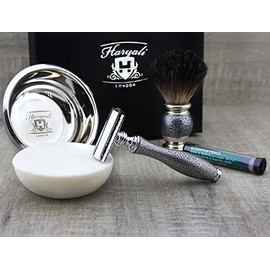 Haryali London Antique Silver 5-in-1 Shaving Set with Super Badger Hair Shaving Brush - Double Edge Safety Razor - Shaving Soap and Shaving Bowl