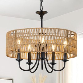 LAMSU LAMSU Modern Farmhouse Chandelier Light Fixtures, 5-Lights Large Rattan Pendant Lighting with Hand Woven Wicker Shade, Boho Black Chandeliers for Dining Room Living Room Kitchen Island Bedroom
