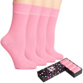 HUGH UGOLI Women's Bamboo Thin Crew Socks for Dress Business, Trouser, Seamless Toe, 4 Pairs in Gift Box, Shoe Size 5-8/8-11, Pink, 8-11