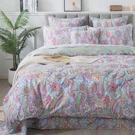 FADFAY Paisley Duvet Cover Set Queen Bohemian Damask Paisley Bedding Luxurious Pink Boho Paisley Comforter Cover Set 100% Cotton Ultra Soft Quilt Cover with Hidden Zipper Closure 3 Pieces, Queen Size