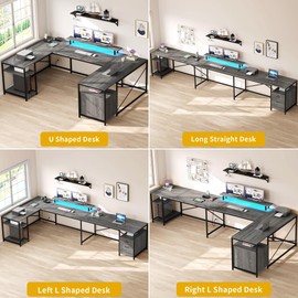 DWVO U Shaped Desk with Drawers, 79" Reversible L Shaped Desk with Power Outlets & LED Lights, Corner Computer Desk with Monitor Stand & Storage Shelves, Grey