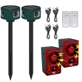 Qualirey 4 Pack Solar Outdoor Motion Sensor Alarm in 2 130db Loud Noise Maker Support Recording, Strobe Light Multiple Mode with Remote Control and USB Charging Cable (Green)