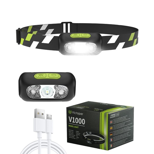 Victoper Head Torch Motion Sensor Running Head Light Rechargeable USB – Ultra Bright Torch with Adjustable Super Bright 5 Modes, IPX5 Waterproof Running Fishing Camping Hiking 650 Lumen, Green