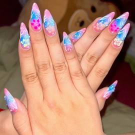 24 PCS Almond Press on Nails Medium Fake Nails Flower & Pink Blue Gradient Design Acrylic Nails Press Ons Cute French Tip False Nails Full Cover Holiday Glue on Nails Stick on Nails for Women Girls