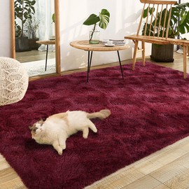 Soft Red Rugs for Bedroom Living Room, 4x6 Feet Modern Indoor Fuzzy Shaggy Area Rug, Non-Slip Fluffy Furry Rug for Nursery Kids Room Dorm Room Home Decor, High Pile Plush Floor Carpet