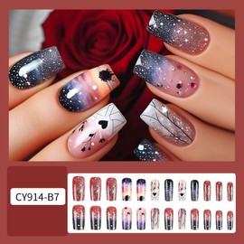 24 Pcs Starry Sky Press on Nails Medium Square False Nails Dreamy Stars Fake Nails False Nails with Stars Heart Designs Full Cover Glossy Glue on Nails Acrylic Nails Stick on Nails for Women Girls