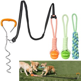 Bungee Tether Tug Outdoor Dog Toy for Dogs, Tug of War Toy with Stake, 2 Puzzle Balls, Cotton Stick Toys, Outdoor Interactive Dog Toys for Lawns, Tug of War Dog Toy for Multi-Pet Households, Orange