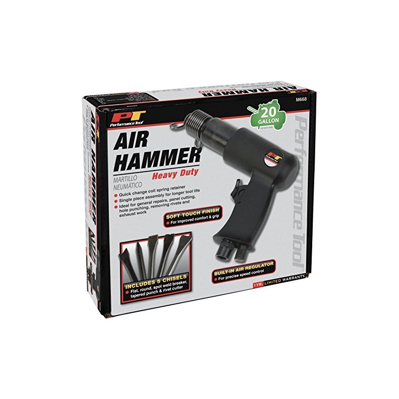 Performance Tool M668 Heavy Duty Air Hammer with 5 Chisels,