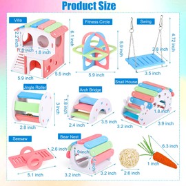 MCEAST 10 Pieces Fun Hamster Toys Set Include DIY Wooden Gerbil Hideout Hamster House Rainbow Bridge Seesaw Swing Roller Pet Exercise Chew Play Toys Guinea Pig Cage Accessories for Small Animals