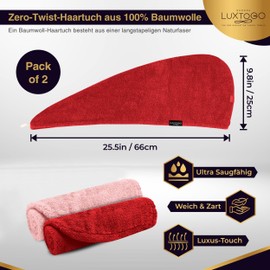 LUXTOGO Hair Turban - 100% Cotton - Premium Quality Hair Towel with Button and Elastic - Quick-Drying Head Towel Turban - Super Absorbent Hair Towel Turban without Microfibre (Pink+Red, Pack of 2)