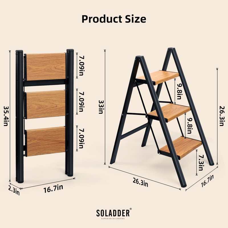 SOLADDER 3 Step Ladder, Anti-Slip and Lightweight Foldable Step Stool