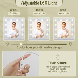 YESHOMY Vanity Desk with Mirror, Makeup Table with 2 Large Drawers, Power Outlet and Round Holder, 3 Color Modes Adjustable Bulb, Bench Included, White