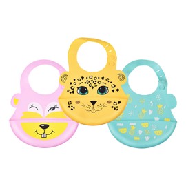 PAPU BABY Baberos de Silicón Suave. Pack de 3 Impermeables para Bebé, Libre de BPA. baby bibs.(Animales Niña II)