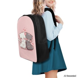 Wiryuouvt Cute Cat Backpack for Girls Boys Backpack with Lunch Box Water Bottle Pouch and Zipper Pencil Case 4PCS Set Bookbag with Pockets for School 17 inch Large Capacity School Bag